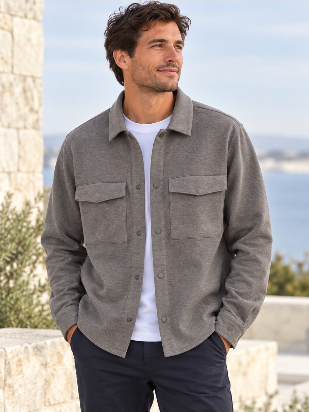 lululemon Gridliner Fleece Overshirt Kaki Gray Snap Front Men’s XL LM3DTBS Soft